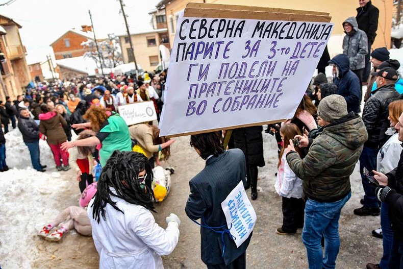 Vevcani carnival goers mock members of Parliament who “sold the name”, including one of their own