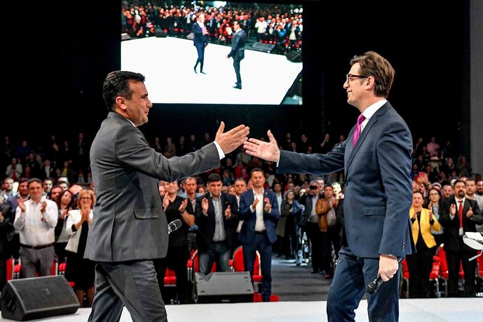 Zaev and Pendarovski trying real hard to say their campaign slogan in Albanian