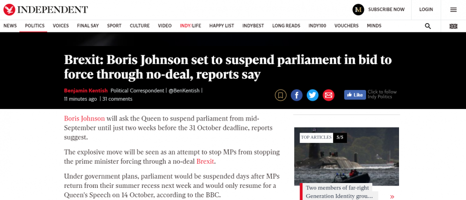 Boris Johnson set to suspend parliament in bid to force through no-deal Brexit