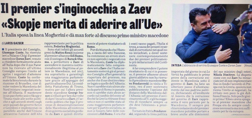 La Verita: Conte promises to support Zaev but in fact wants to keep Macedonia coupled with Albania