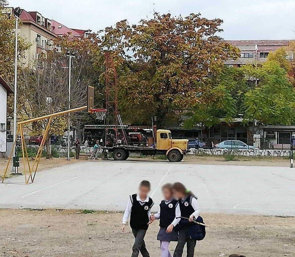 Parents from an Aerodrom school protest against the construction of a kindergarten in their school yard