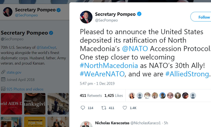 Pompeo: US deposits NATO protocol, waiting for Macedonia to become 30th member