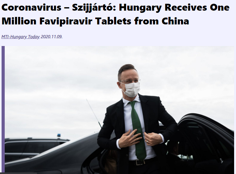 Szijjártó: Hungary receives оne million Favipiravir tablets from China