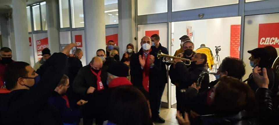 SDSM supporters hire a brass band to celebrate their win in the mayoral “corona elections” in Stip