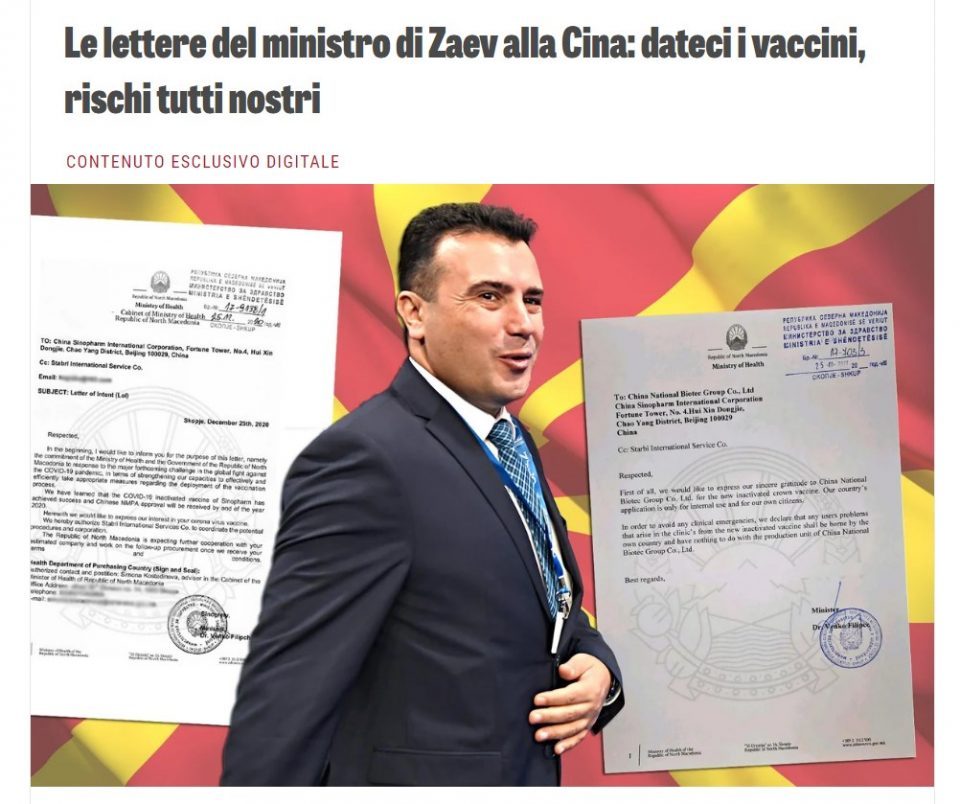 La Verita identifies the shell company Zaev and Filipce tried to use for the Chinese vaccine deal