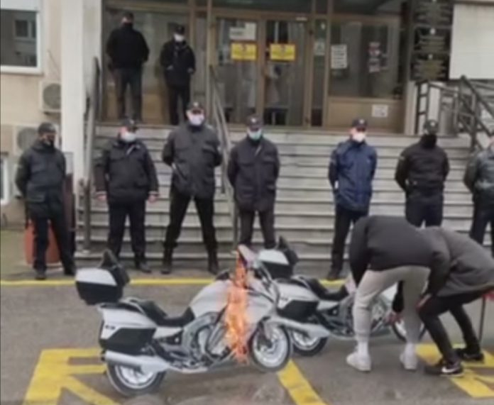 Models of the motorcycles of Filipce and Zaev set on fire during Saturday’s protest