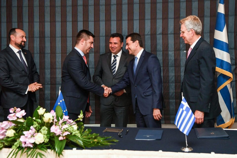 Zaev and Ambassador Pyatt attend the signing of an agreement for a gas connector between Macedonia and Greece