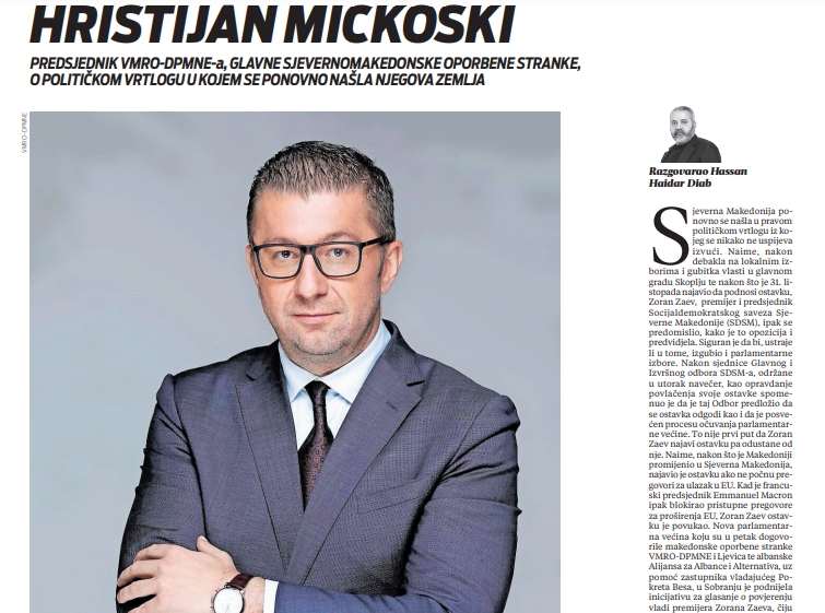 If the opposition can’t form a stable Government, the best solution is early elections, Mickoski tells “Vecernji List”
