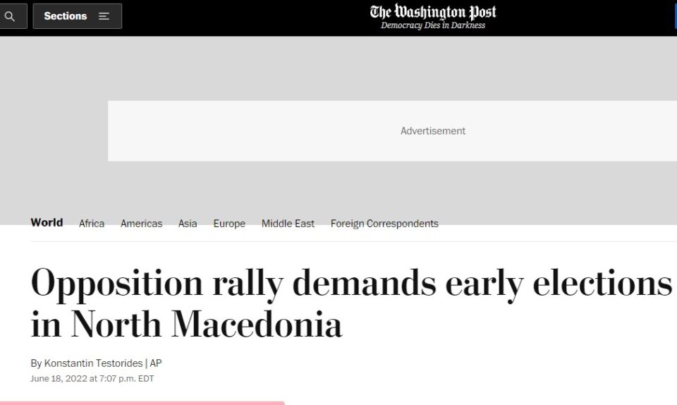 Washington Post: Thousands of citizens gathered in Skopje to pressure the leftist government to call elections