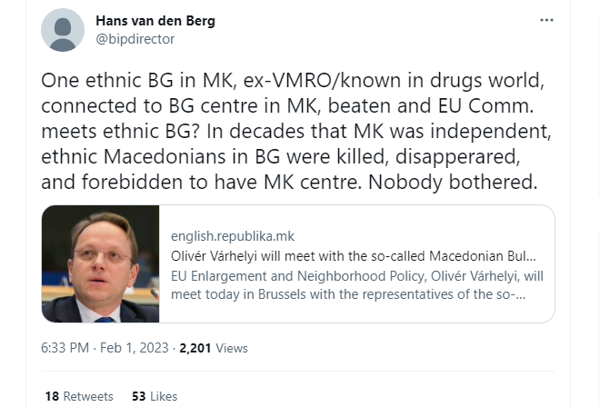 Van den Berg: EU is losing credibility with the double standards towards Bulgarians in Macedonia and Macedonians in Bulgaria