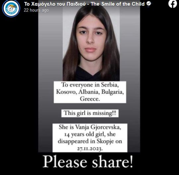 Appeals to find missing Skopje girl Vanja Gjorchevska spread through the region