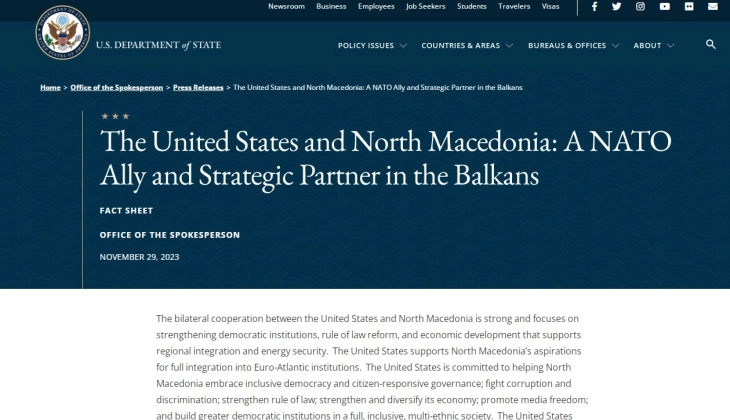Department of State: Macedonia is a critical partner in the Balkans and an ally of NATO