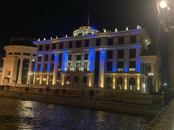The Ministry of Foreign Affairs (MFA) building is illuminated in the colors of the Ukrainian flag, marking a symbolic gesture ahead of the two-year anniversary of Russia’s invasion of Ukraine